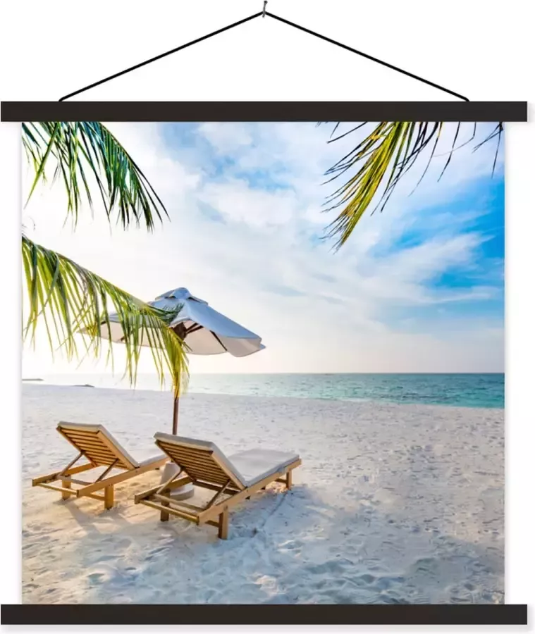 TextilePosters Posterhanger incl. Poster 60x60 cm Schoolplaat Strandstoel Parasol Zonsondergang Textielposter Zwarte latten