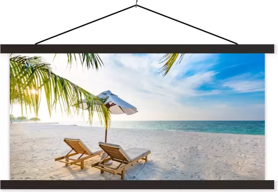 TextilePosters Posterhanger incl. Poster Schoolplaat Strandstoel Parasol Zonsondergang 90x45 cm Zwarte latten