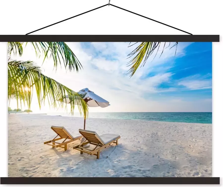 TextilePosters Posterhanger incl. Poster 90x60 cm Schoolplaat Strandstoel Parasol Zonsondergang Textielposter Zwarte latten
