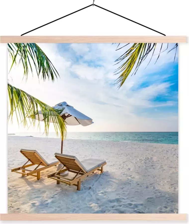 TextilePosters Posterhanger incl. Poster Schoolplaat Strandstoel Parasol Zonsondergang 90x90 cm Blanke latten