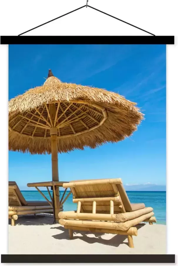 TextilePosters Posterhanger incl. Poster 120x160 cm Schoolplaat Strandstoel Strand Parasol Zee Zomer Textielposter Zwarte latten