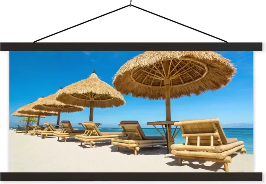 TextilePosters Posterhanger incl. Poster 150x75 cm Schoolplaat Strandstoel Strand Parasol Zee Zomer Textielposter Zwarte latten