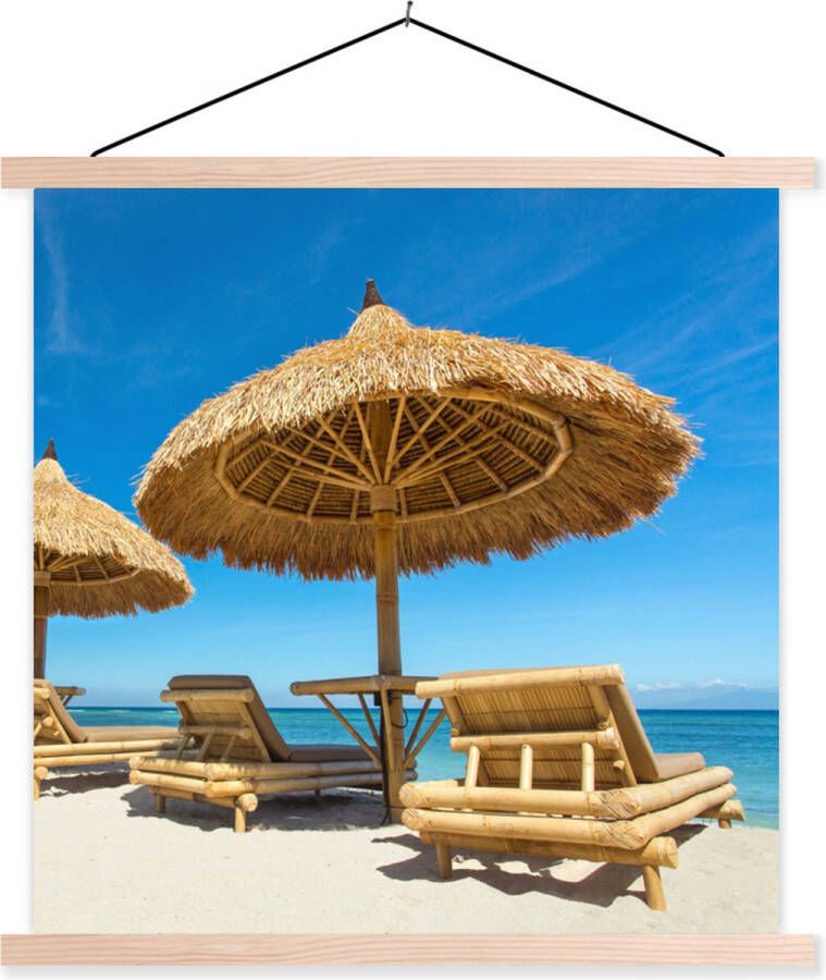 TextilePosters Posterhanger incl. Poster Schoolplaat Strandstoel Strand Parasol Zee Zomer 40x40 cm Blanke latten