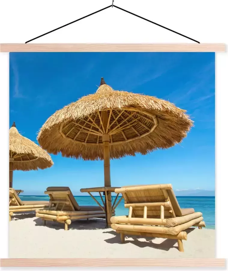 TextilePosters Posterhanger incl. Poster 40x40 cm Schoolplaat Strandstoel Strand Parasol Zee Zomer Textielposter Blanke latten