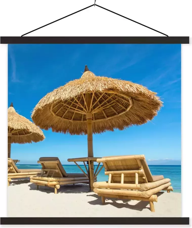TextilePosters Posterhanger incl. Poster 40x40 cm Schoolplaat Strandstoel Strand Parasol Zee Zomer Textielposter Zwarte latten