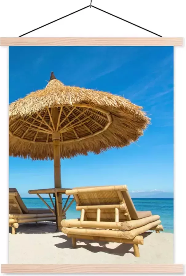 TextilePosters Posterhanger incl. Poster 60x80 cm Schoolplaat Strandstoel Strand Parasol Zee Zomer Textielposter Blanke latten