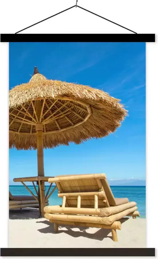 TextilePosters Posterhanger incl. Poster 60x90 cm Schoolplaat Strandstoel Strand Parasol Zee Zomer Textielposter Zwarte latten