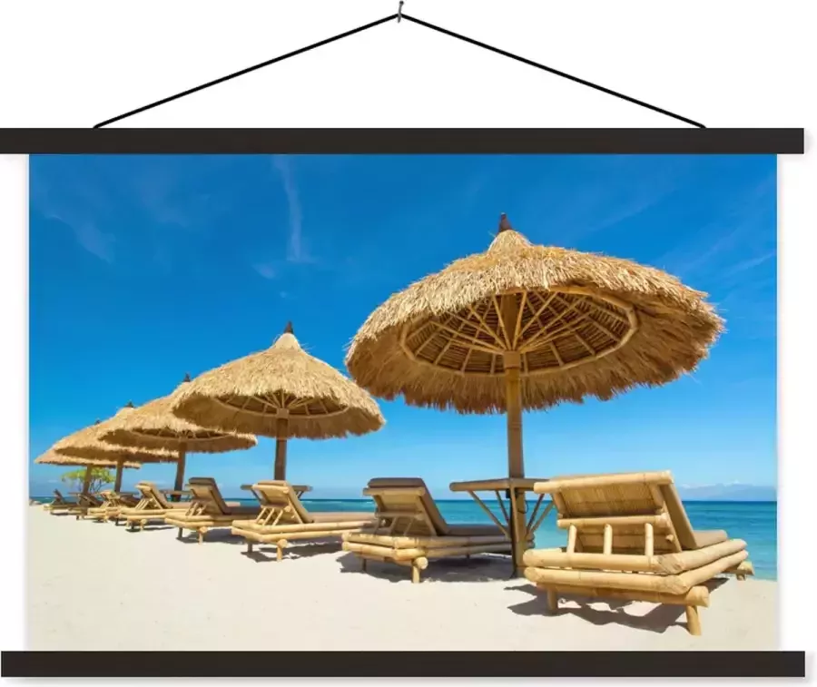 TextilePosters Posterhanger incl. Poster 90x60 cm Schoolplaat Strandstoel Strand Parasol Zee Zomer Textielposter Zwarte latten