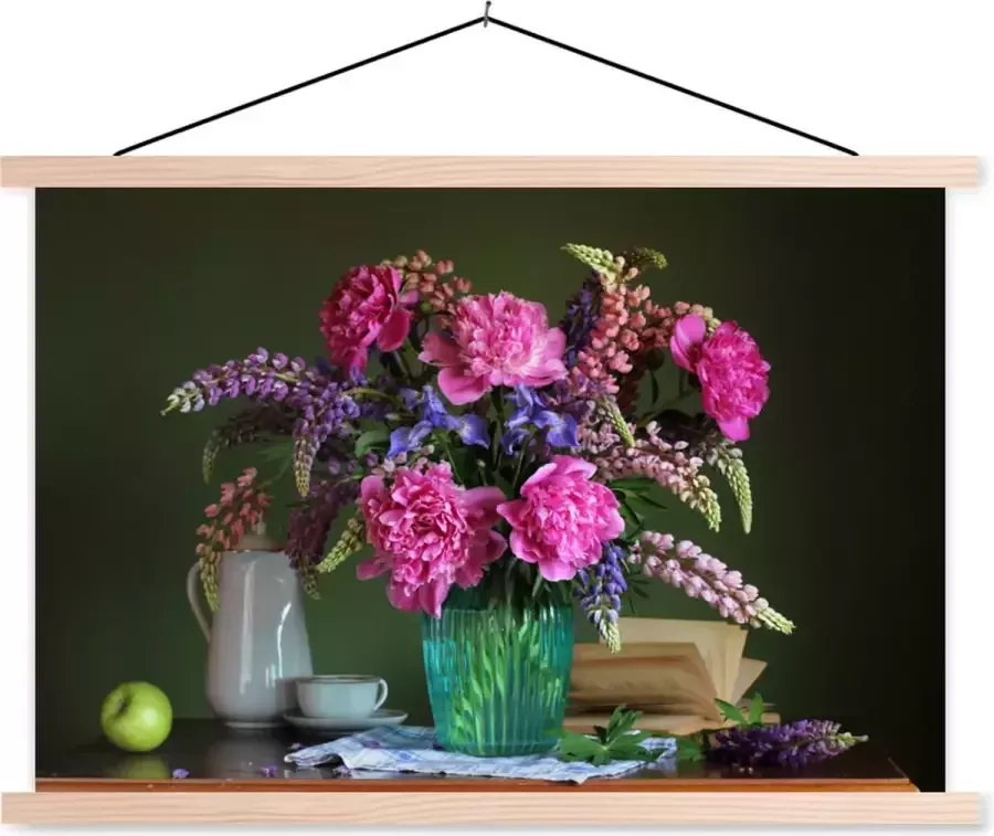 TextilePosters Posterhanger incl. Poster 120x80 cm Schoolplaat Tafel Bloemen Stilleven Textielposter Blanke latten