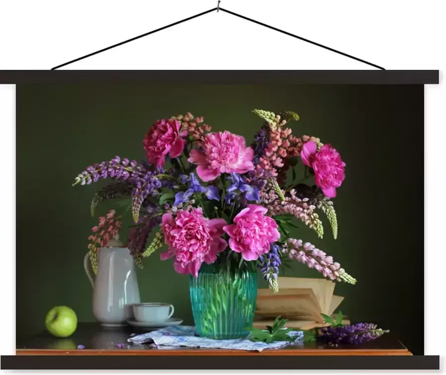 TextilePosters Posterhanger incl. Poster 120x80 cm Schoolplaat Tafel Bloemen Stilleven Textielposter Zwarte latten