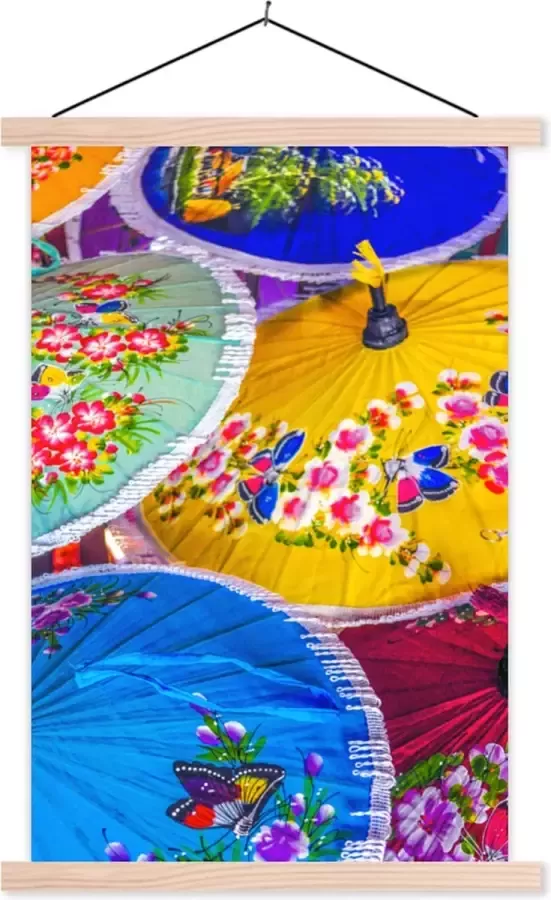 TextilePosters Posterhanger incl. Poster Schoolplaat Thailandse papieren parasols 60x90 cm Blanke latten
