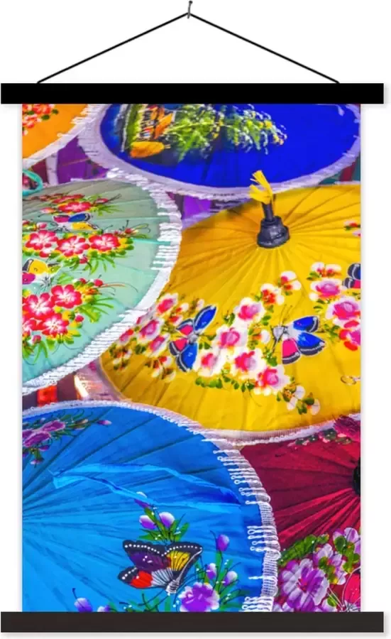 TextilePosters Posterhanger incl. Poster Schoolplaat Thailandse papieren parasols 60x90 cm Zwarte latten