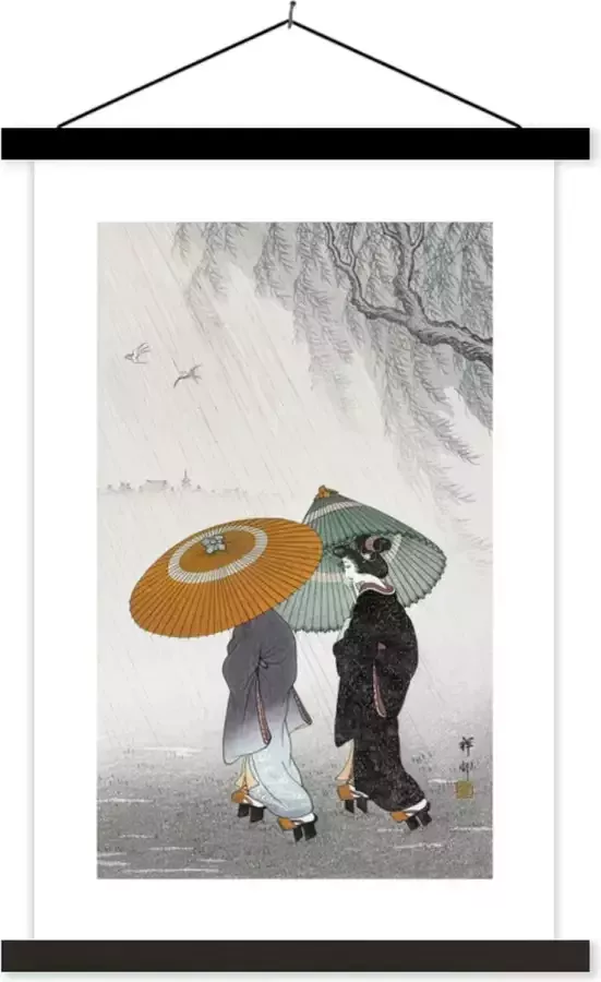 TextilePosters Posterhanger incl. Poster 120x180 cm Schoolplaat Vintage Vrouwen Parasol Japan Textielposter Zwarte latten