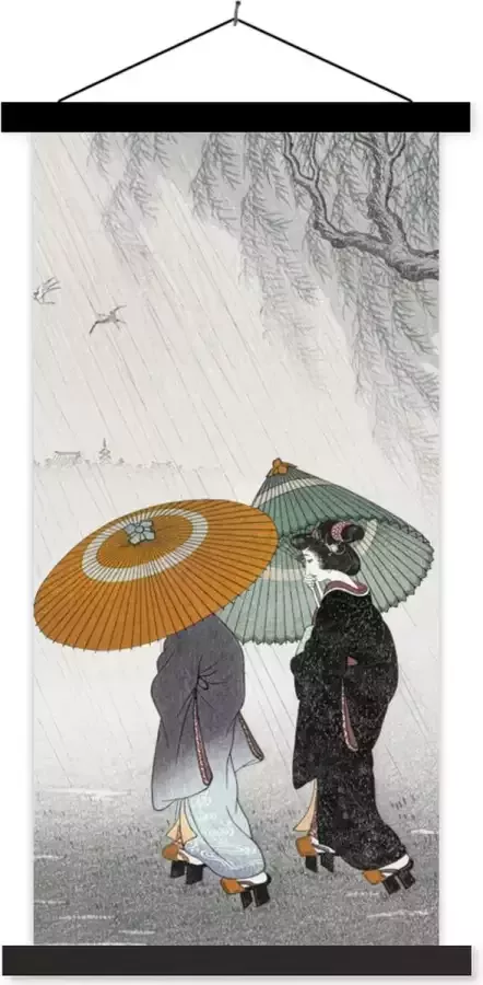 TextilePosters Posterhanger incl. Poster 40x80 cm Schoolplaat Vrouwen Kimono Parasol Japan Vintage Textielposter Zwarte latten