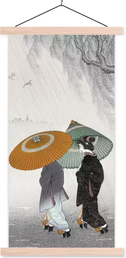 TextilePosters Posterhanger incl. Poster 60x120 cm Schoolplaat Vrouwen Kimono Parasol Japan Vintage Textielposter Blanke latten