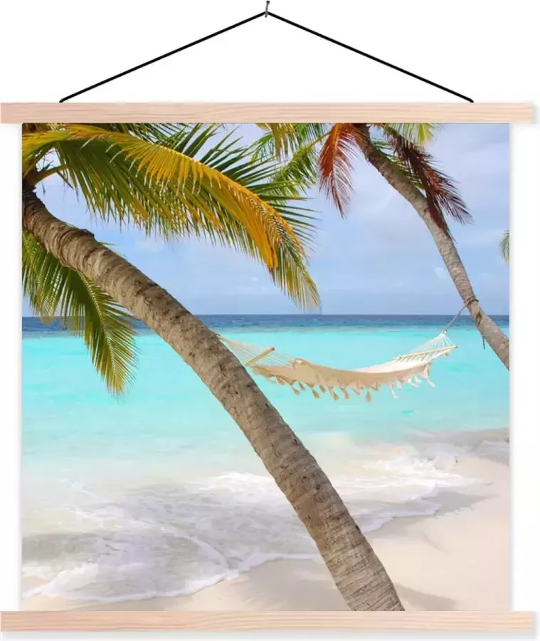 TextilePosters Posterhanger incl. Poster Schoolplaat Zee Palmboom Hangmat 120x120 cm Blanke latten
