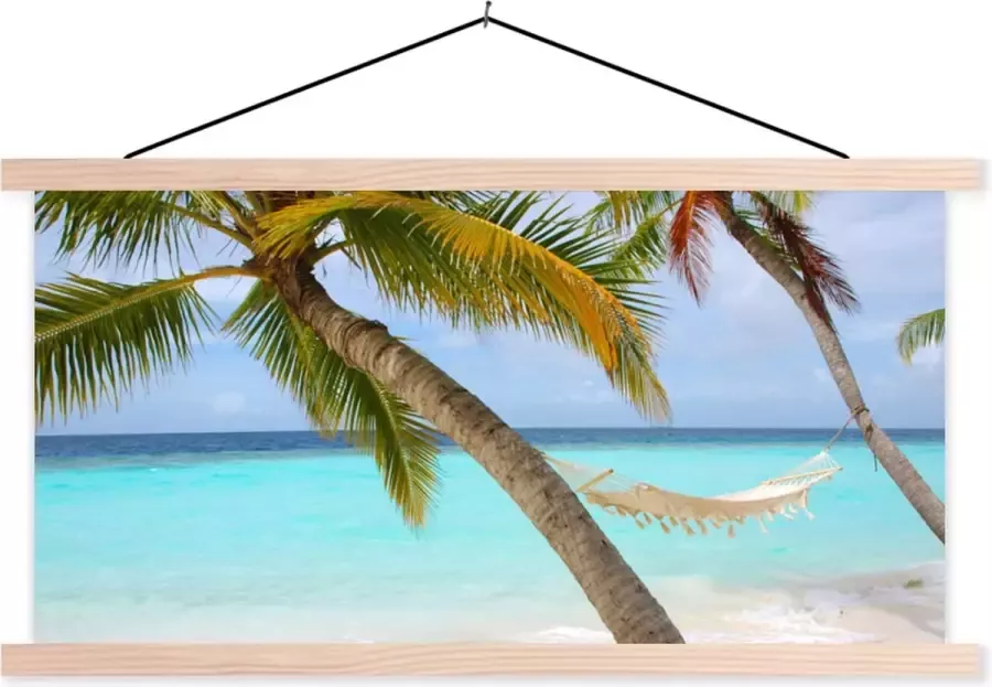 TextilePosters Posterhanger incl. Poster Schoolplaat Zee Palmboom Hangmat 120x60 cm Blanke latten