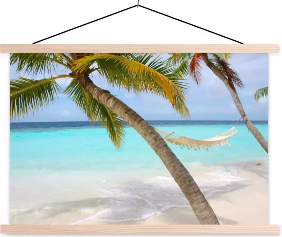 TextilePosters Posterhanger incl. Poster Schoolplaat Zee Palmboom Hangmat 90x60 cm Blanke latten