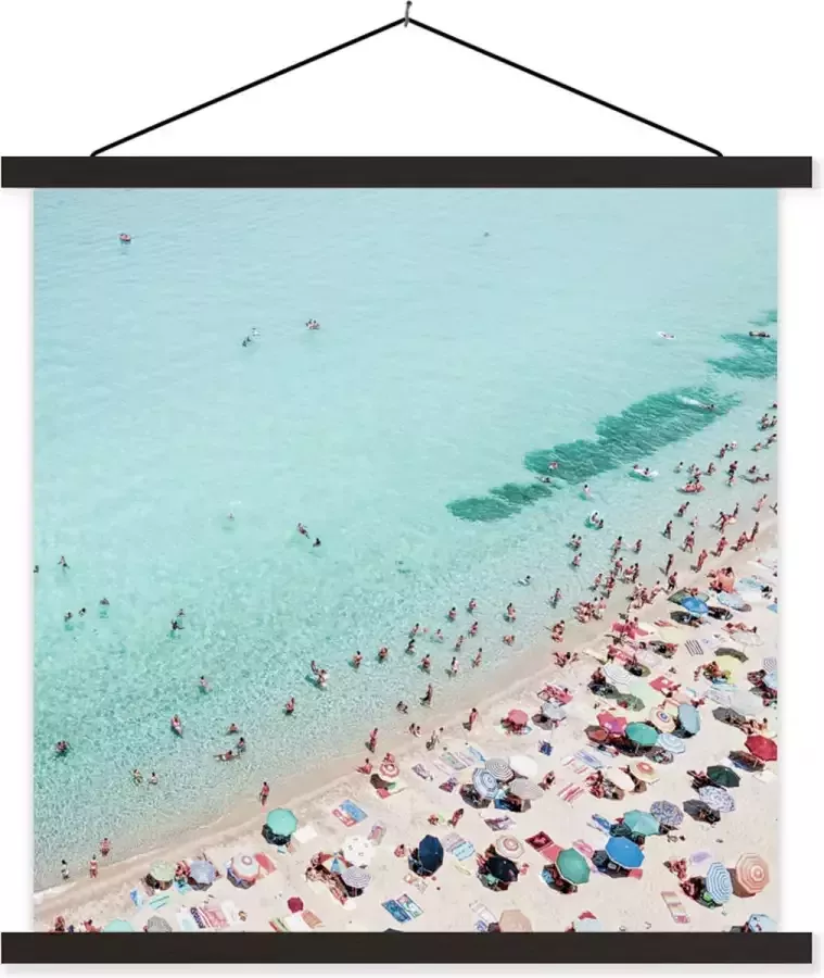TextilePosters Posterhanger incl. Poster Schoolplaat Zee Strand Parasols Blauw Zomer 120x120 cm Zwarte latten