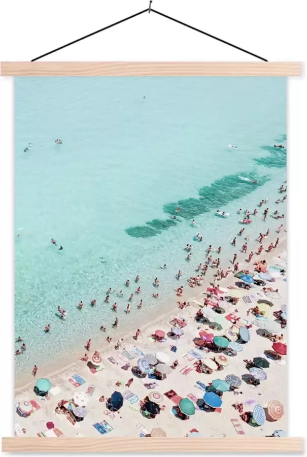 TextilePosters Posterhanger incl. Poster Schoolplaat Zee Strand Parasols Blauw Zomer 40x53 cm Blanke latten