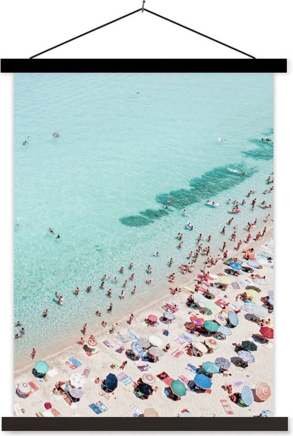 TextilePosters Posterhanger incl. Poster Schoolplaat Zee Strand Parasols Blauw Zomer 60x80 cm Zwarte latten
