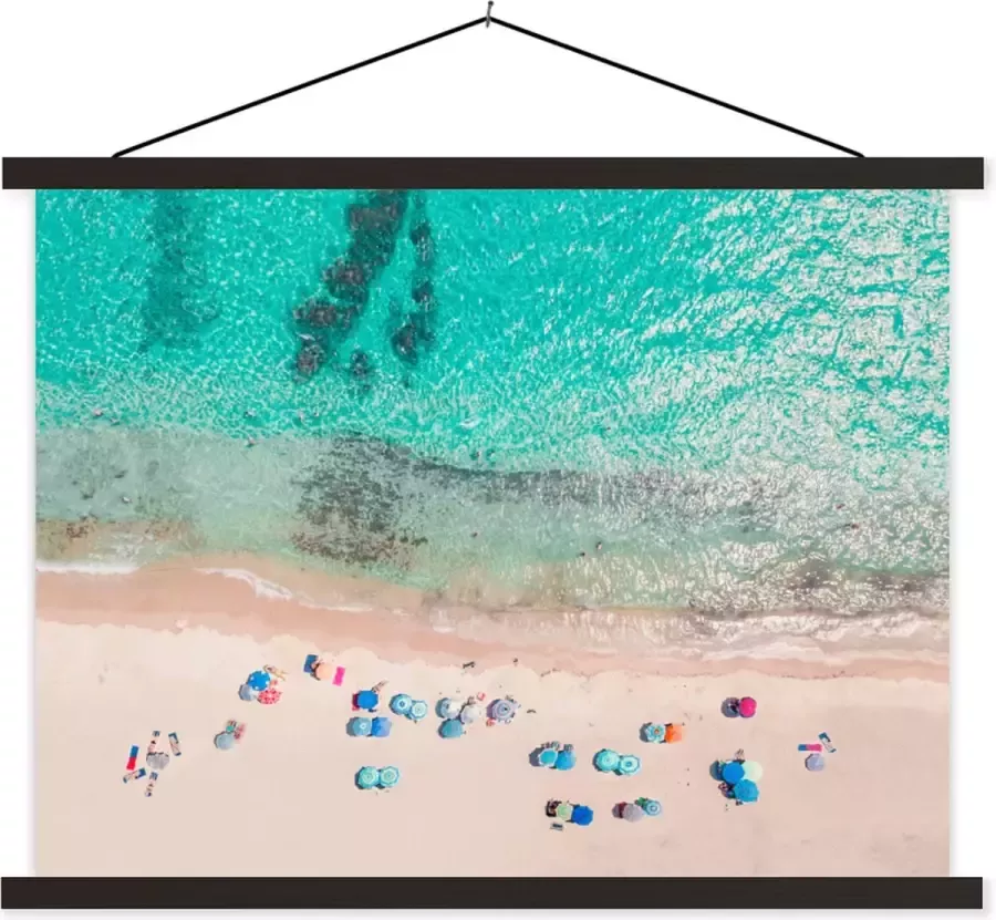 TextilePosters Posterhanger incl. Poster Schoolplaat Zee Strand Zomer Parasols Blauw 150x113 cm Zwarte latten