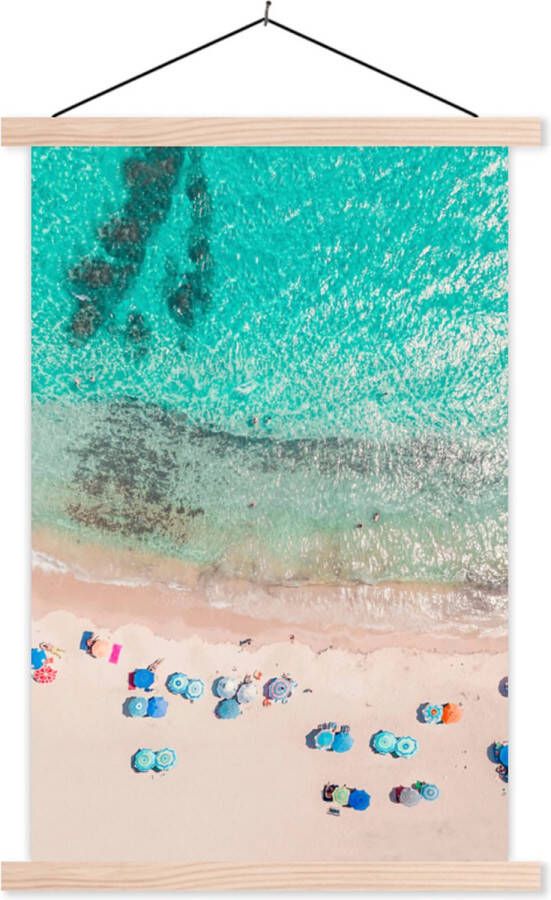 TextilePosters Posterhanger incl. Poster Schoolplaat Zee Strand Zomer Parasols Blauw 40x60 cm Blanke latten