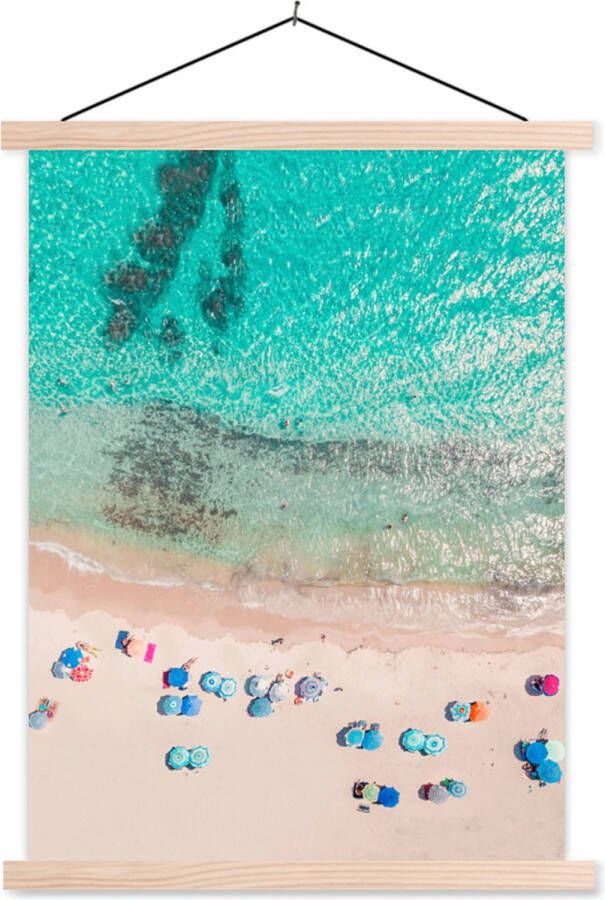 TextilePosters Posterhanger incl. Poster Schoolplaat Zee Strand Zomer Parasols Blauw 60x80 cm Blanke latten