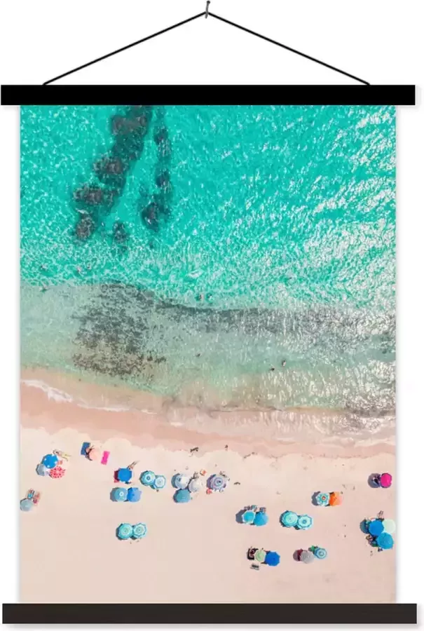 TextilePosters Posterhanger incl. Poster Schoolplaat Zee Strand Zomer Parasols Blauw 90x120 cm Zwarte latten