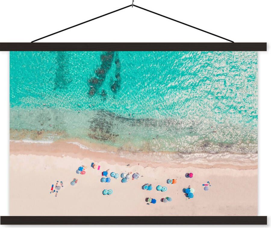 TextilePosters Posterhanger incl. Poster Schoolplaat Zee Strand Zomer Parasols Blauw 90x60 cm Zwarte latten