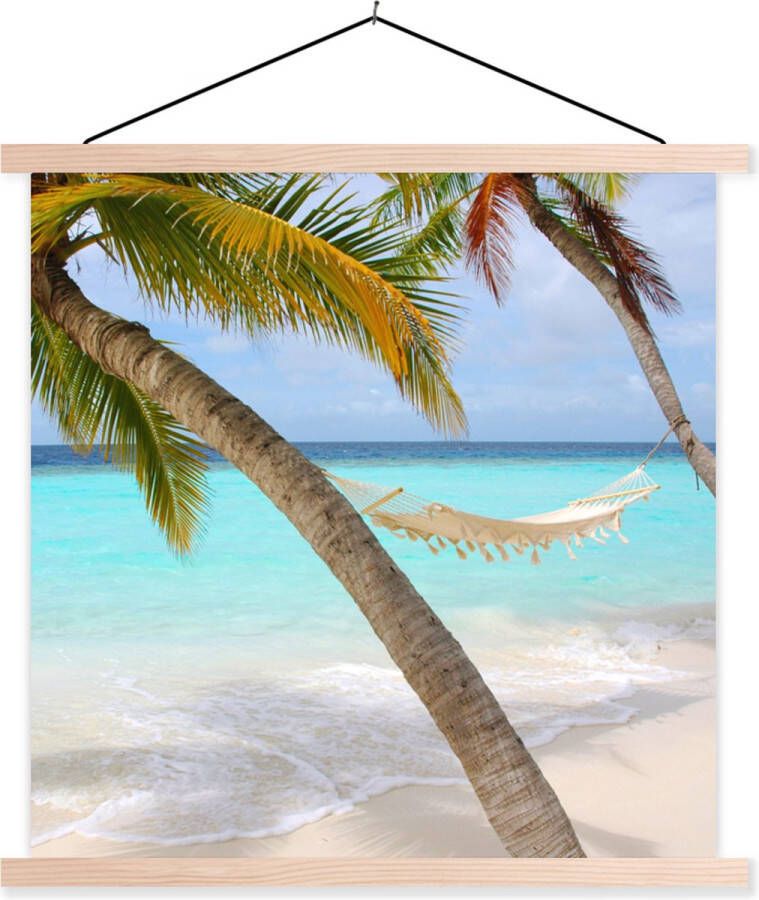 TextilePosters Posterhanger incl. Poster Schoolplaat Zomer Palmboom Hangmat 40x40 cm Blanke latten