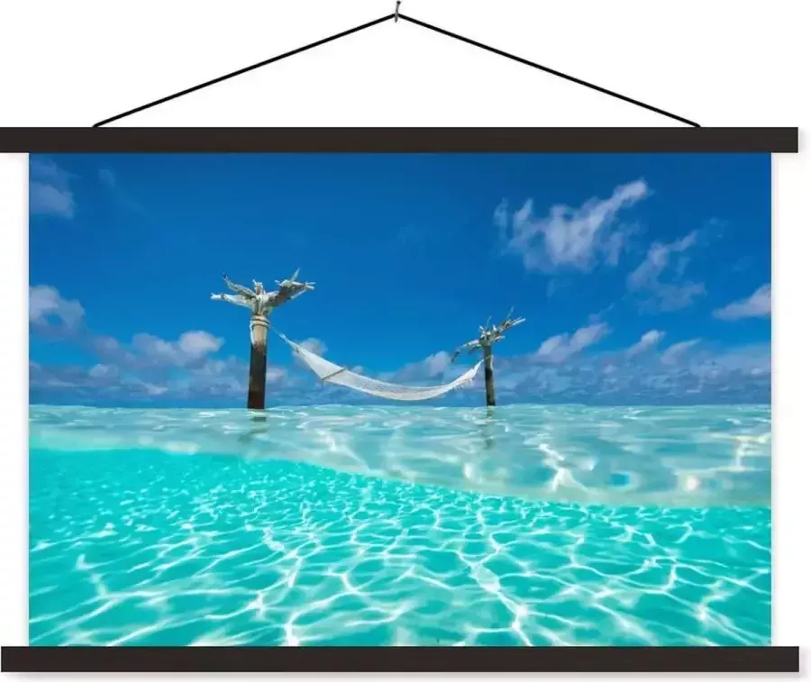 TextilePosters Posterhanger incl. Poster 150x100 cm Schoolplaat Zomer Zee Hangmat Textielposter Zwarte latten