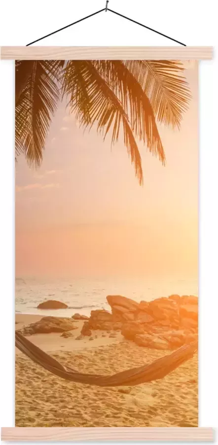 TextilePosters Posterhanger incl. Poster Schoolplaat Zomer Zonsondergang Hangmat 40x80 cm Blanke latten