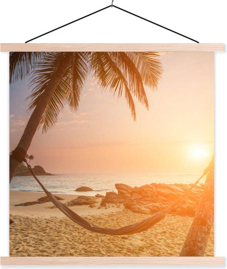 TextilePosters Posterhanger incl. Poster 60x60 cm Schoolplaat Zomer Zonsondergang Hangmat Textielposter Blanke latten