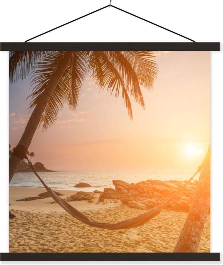 TextilePosters Posterhanger incl. Poster Schoolplaat Zomer Zonsondergang Hangmat 60x60 cm Zwarte latten