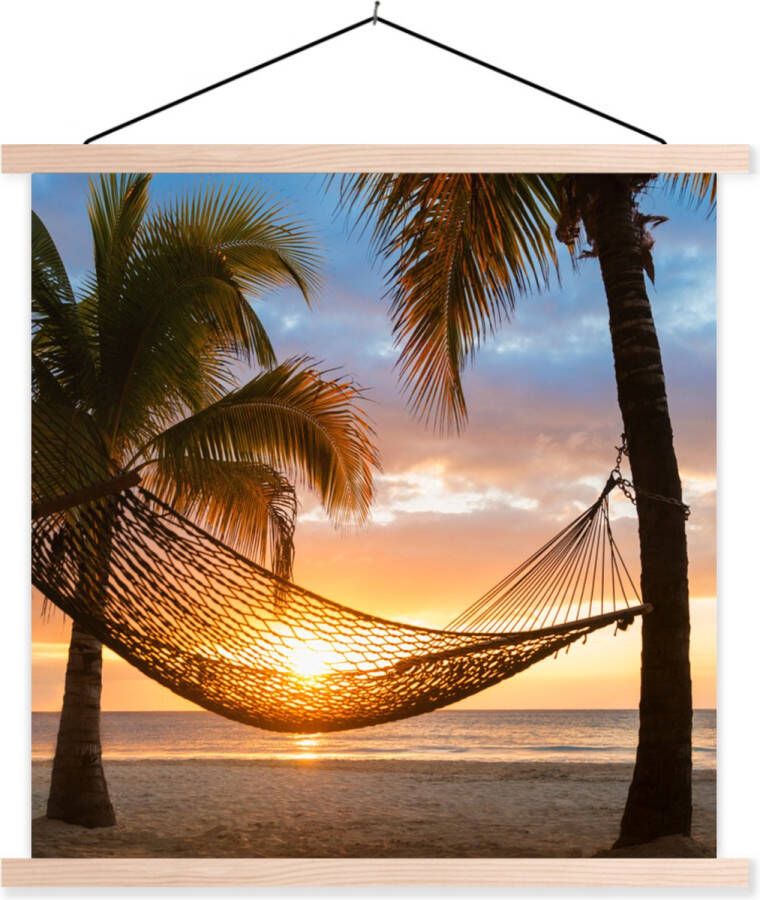 TextilePosters Posterhanger incl. Poster Schoolplaat Zonsondergang Hangmat Palmboom 120x120 cm Blanke latten