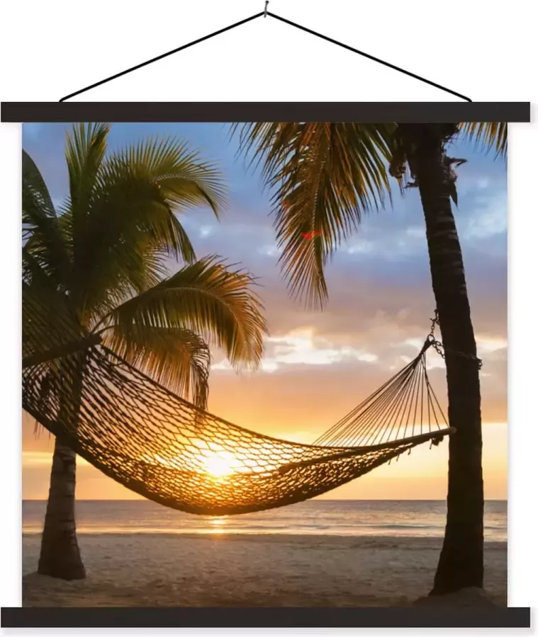 TextilePosters Posterhanger incl. Poster Schoolplaat Zonsondergang Hangmat Palmboom 120x120 cm Zwarte latten