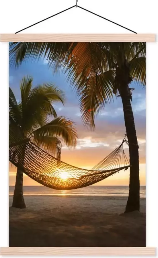 TextilePosters Posterhanger incl. Poster 120x180 cm Schoolplaat Zonsondergang Hangmat Palmboom Textielposter Blanke latten