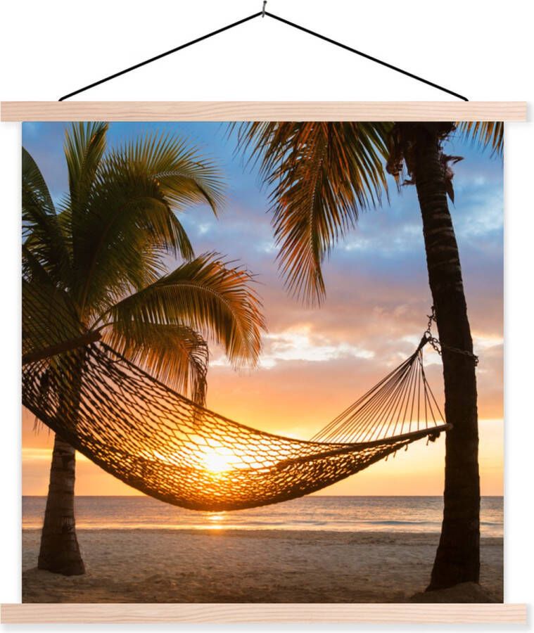 TextilePosters Posterhanger incl. Poster Schoolplaat Zonsondergang Hangmat Palmboom 40x40 cm Blanke latten