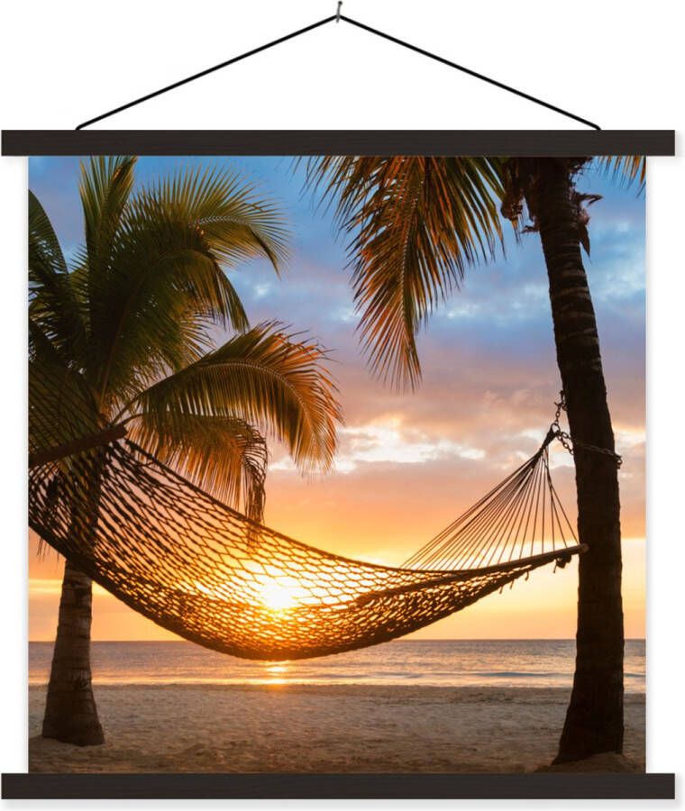 TextilePosters Posterhanger incl. Poster Schoolplaat Zonsondergang Hangmat Palmboom 40x40 cm Zwarte latten