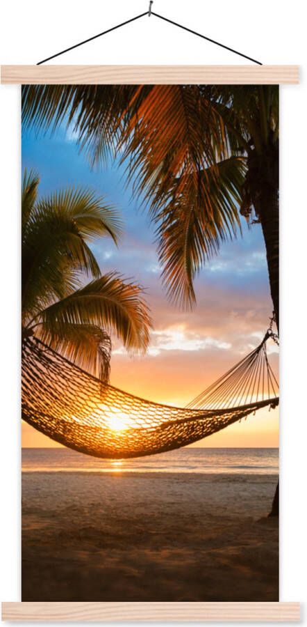 TextilePosters Posterhanger incl. Poster Schoolplaat Zonsondergang Hangmat Palmboom 40x80 cm Blanke latten