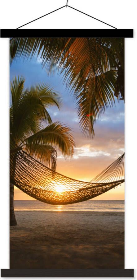 TextilePosters Posterhanger incl. Poster Schoolplaat Zonsondergang Hangmat Palmboom 40x80 cm Zwarte latten