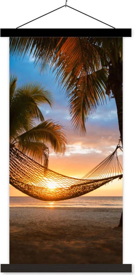 TextilePosters Posterhanger incl. Poster 60x120 cm Schoolplaat Zonsondergang Hangmat Palmboom Textielposter Zwarte latten - Foto 1