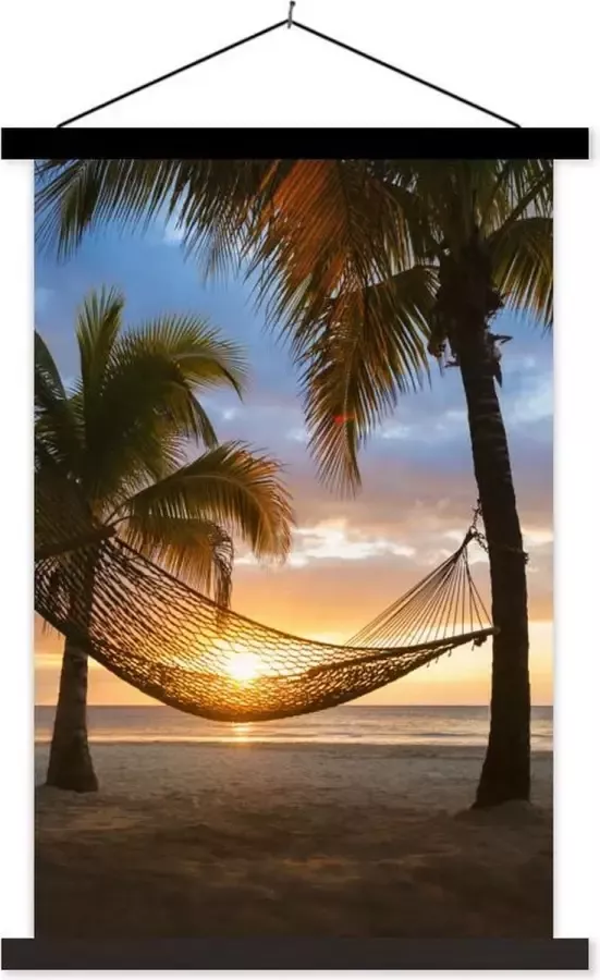 TextilePosters Posterhanger incl. Poster 60x90 cm Schoolplaat Zonsondergang Hangmat Palmboom Textielposter Zwarte latten