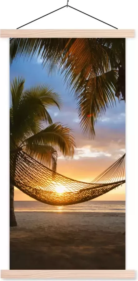 TextilePosters Posterhanger incl. Poster 90x180 cm Schoolplaat Zonsondergang Hangmat Palmboom Textielposter Blanke latten