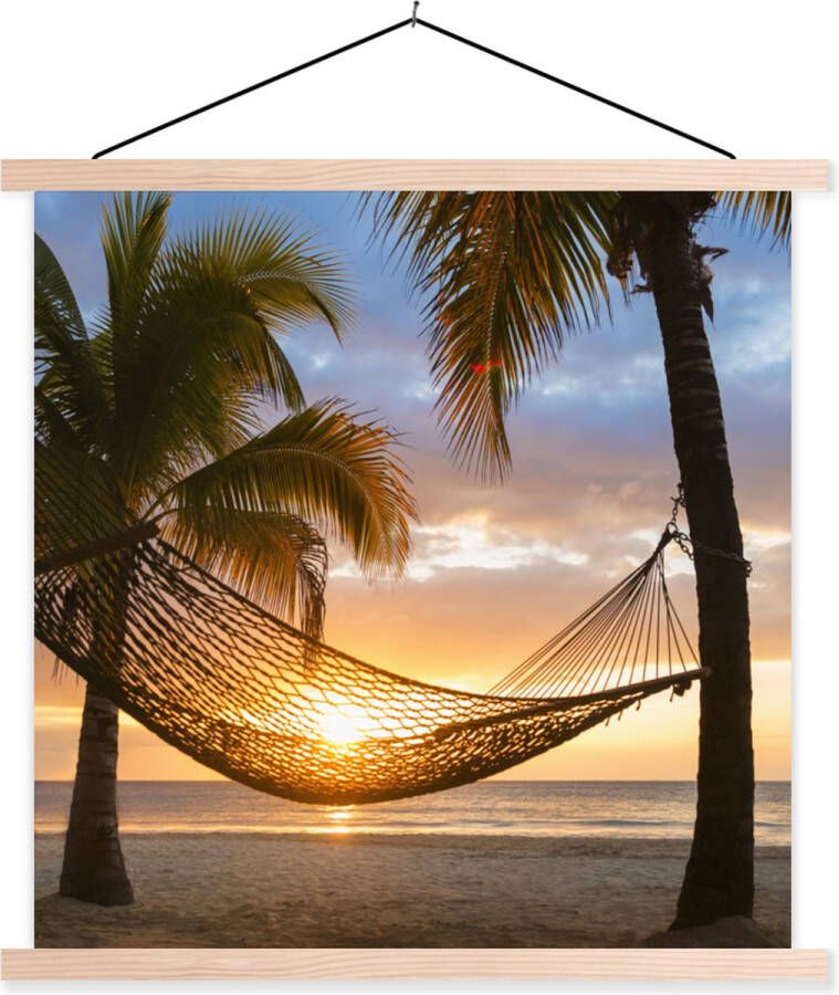 TextilePosters Posterhanger incl. Poster Schoolplaat Zonsondergang Hangmat Palmboom 90x90 cm Blanke latten