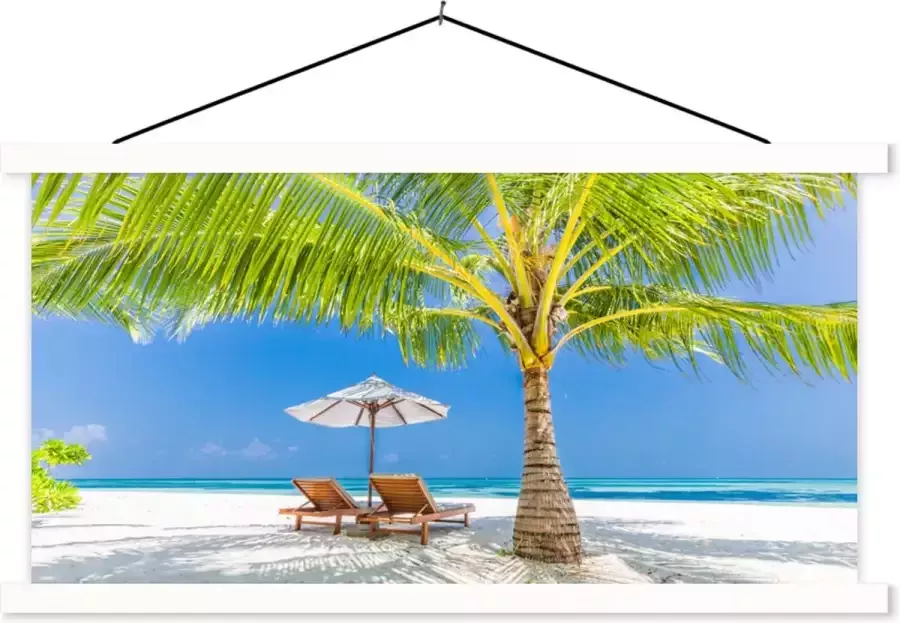 TextilePosters Schoolplaat Palmboom Strandstoel Parasol 150x75 cm Textielposter Witte latten Textiel poster