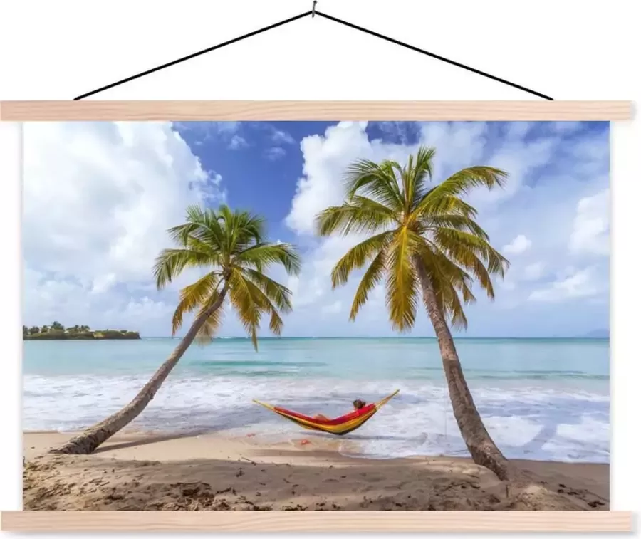 TextilePosters Posterhanger incl. Poster Schoolplaat Strand Palmbomen Hangmat 150x100 cm Blanke latten - Foto 1