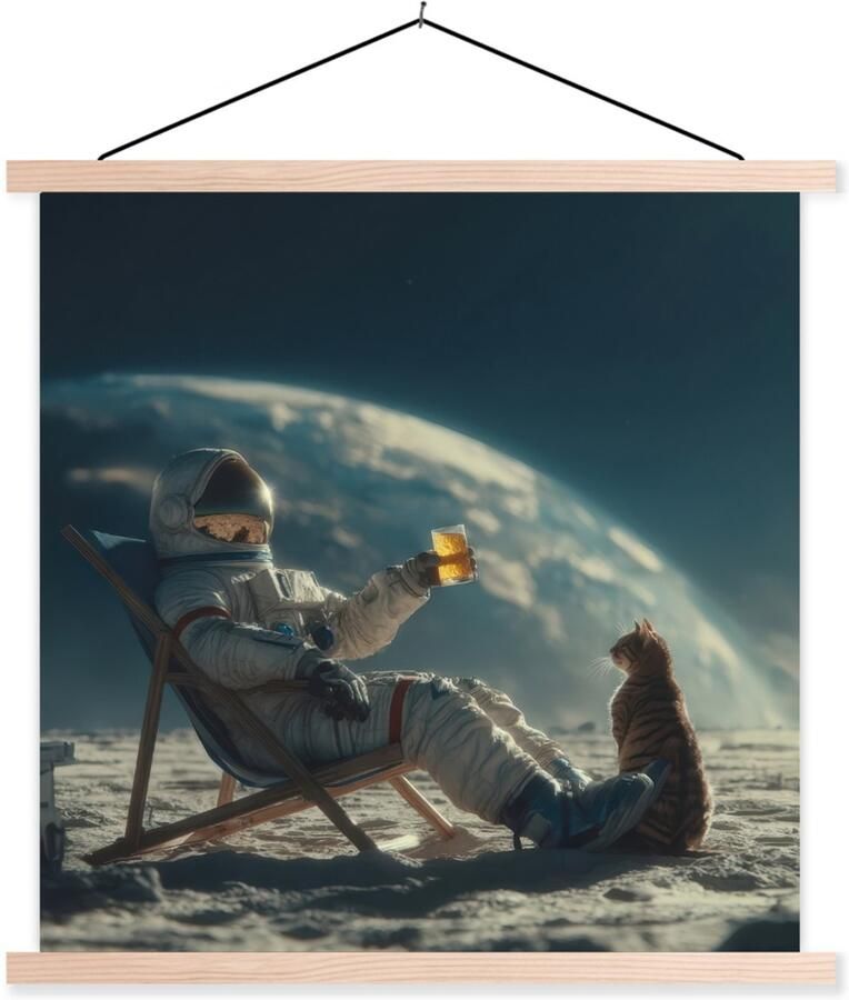 TextilePosters Posterhanger incl. Poster 90x90 cm Schoolplaat Astronaut Kat Glas Stoel Textielposter Blanke latten