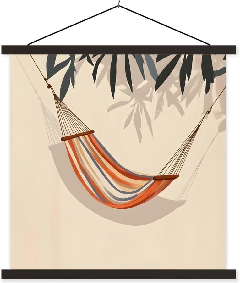 TextilePosters Posterhanger incl. Poster 120x120 cm Schoolplaat Hangmat Kleurrijk Bladeren Schaduw Textielposter Zwarte latten